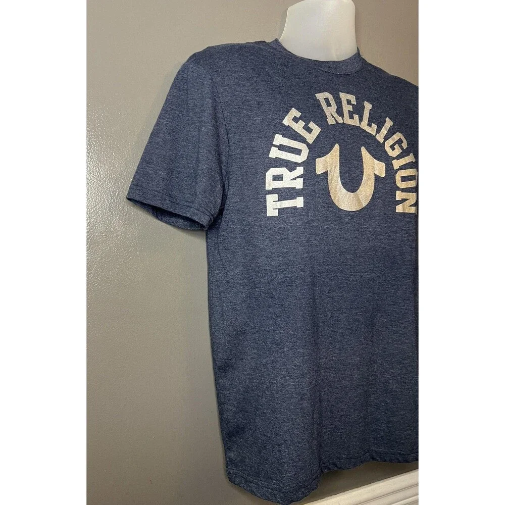 True Religion Shirt Mens Medium Blue Graphic Logo Short Sleeve Casual Tee